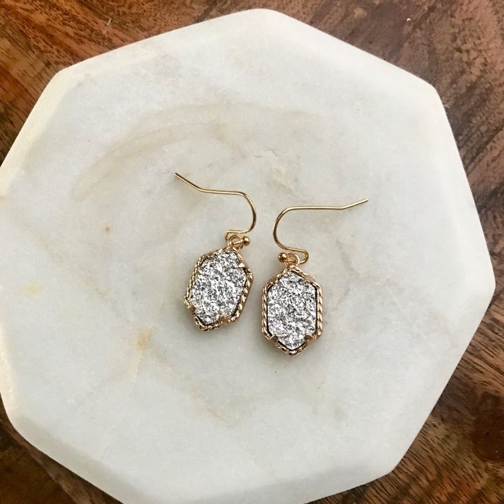 Gold Silver Dainty Earrings Druzy Stone Dangle Jewelry Crystal Cocktail Formal